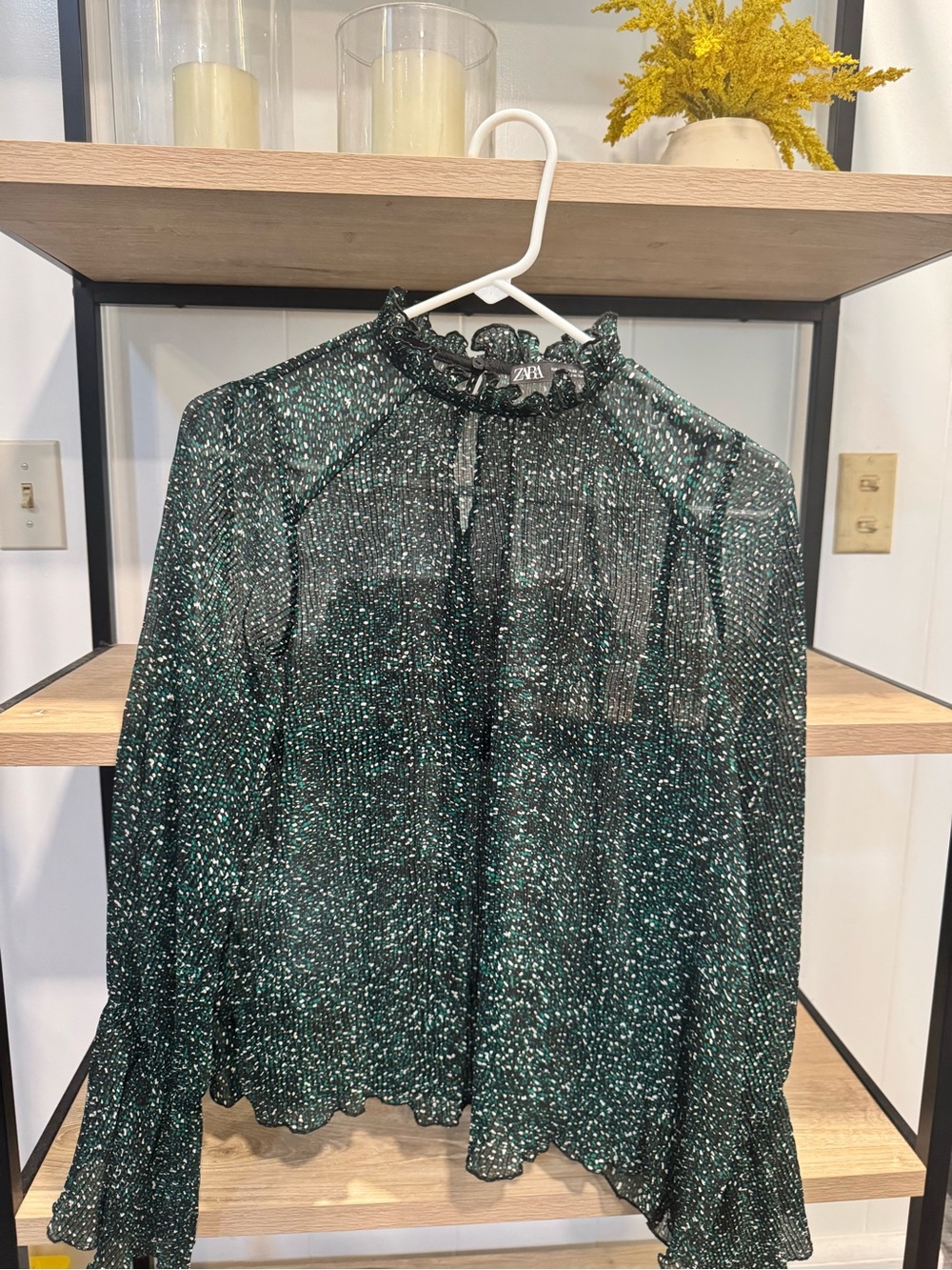Zara Dark Green Speckled Ruffle Neck Blouse
